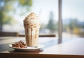 Fresh FrappuccinoÂ with cream served on the wooden table at cafe